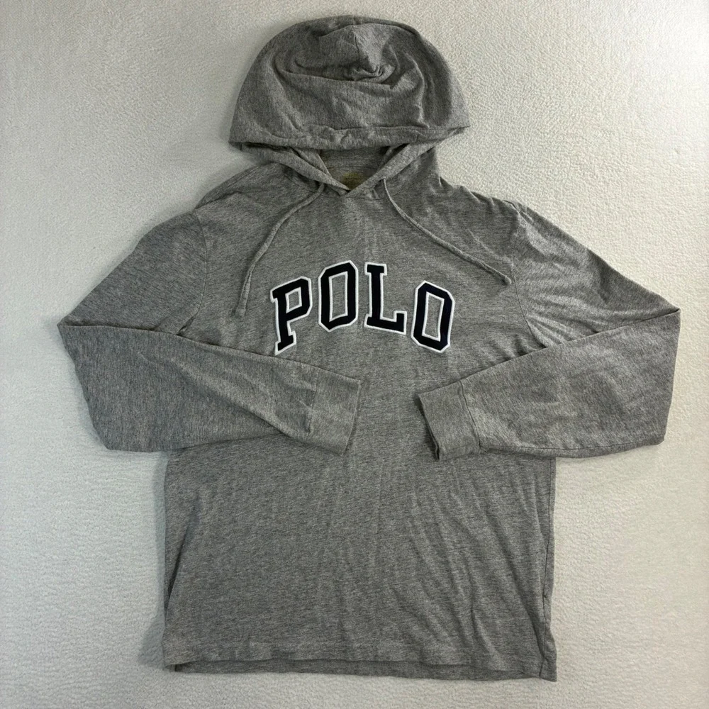 Polo‎ Ralph Lauren Hoodie Mens M Gray Lightweight Spellout Pullover Embroidered